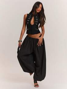 SHEIN BAE Top de tirantes sexy con abertura y doble botonadura estilo hip-hop de moda para mujer - Negro - Ver 8