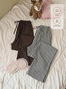 CovetEZ Women's Elastic Waist Drawstring Casual Straight-Style Long Pants Lounge Brown Polka Dot Black And White Autumn - Multicolor - View 3