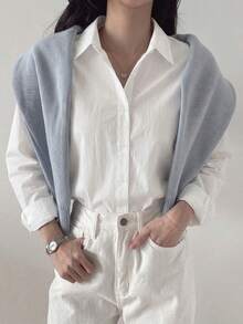 DAZY Women's Solid Color Single-Breasted Business Casual Long Sleeve Shirt - White - View 4