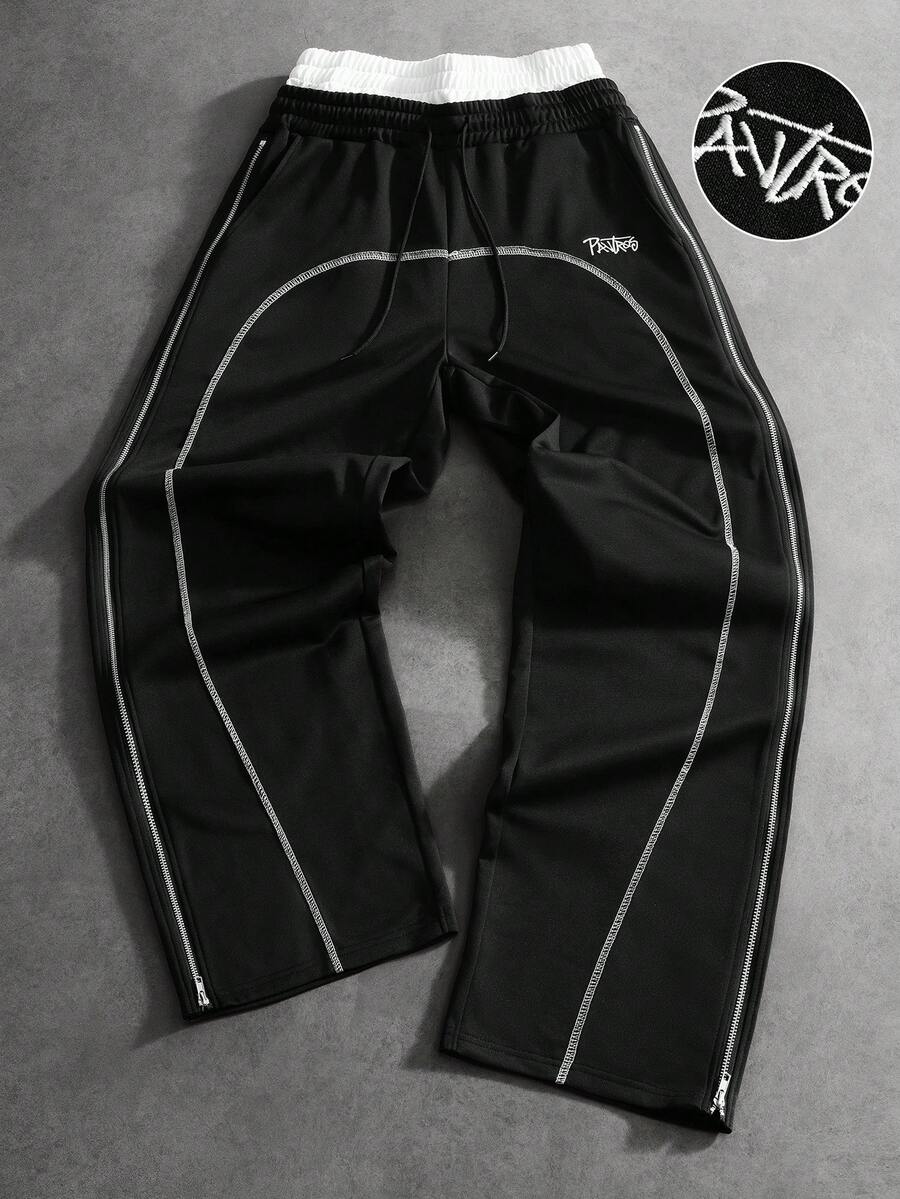 PAVTROS Men's Drawstring Waist Minimalist Sports Long Pants - Black - View 1