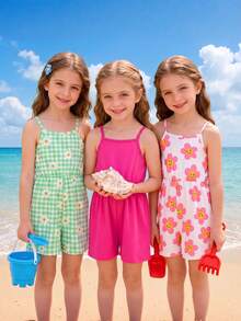 SHEIN Elladie kids 女童針織牛奶絲彈性吊帶連身短褲三件組，甜美休閒度假風，純色+大花臉+格紋雛菊印花，嬰幼童居家日常戶外玩樂幼兒園學校休閒百搭，柔軟舒適收腰連身衣，活潑充滿活力夏日氛圍 - 彩色 - 查看 8