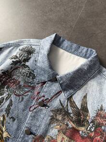 ROMWE MEN Men's Polo Collar Single-Breasted Full Print Short Sleeve Denim Shirt - Blue - View 5