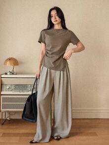 Dazy Tall Damen lockeres lässiges minimalistisches Mode Rundhals Retro Stil Polo T-Shirt, atmungsaktiv Sommer Alltag Büro Kleidung in Kaffeebraun, für große Frauen - Khaki - Übersicht 5