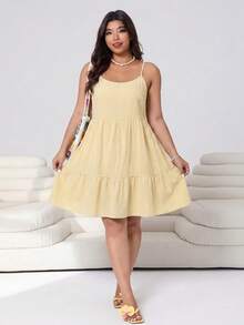 Solflare Butter Yellow Plus Size Women's Ruffle Hem Cami Dress Spring Summer Beach Vacation Casual - Apricot - View 2