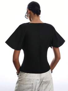 LYSMO Atasan Wanita Lengan Pendek Model Batwing Berlipit Warna Polos yang Membentuk Pinggang - Hitam - View 2