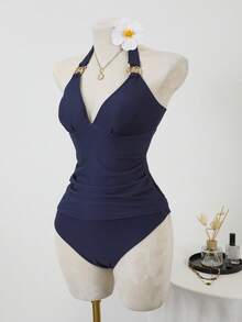 Swim Lushoire Metal Buckle Halter Swimwear For Women, Slim Fit, Textured, Suitable For Hot Spring, Beach Resort - Navy Blue - View 8
