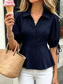 Franclia 優雅短袖女款上衣襯衫，修身收腰遮腹泡泡袖上衣 - 藏蓝色 - 查看 4