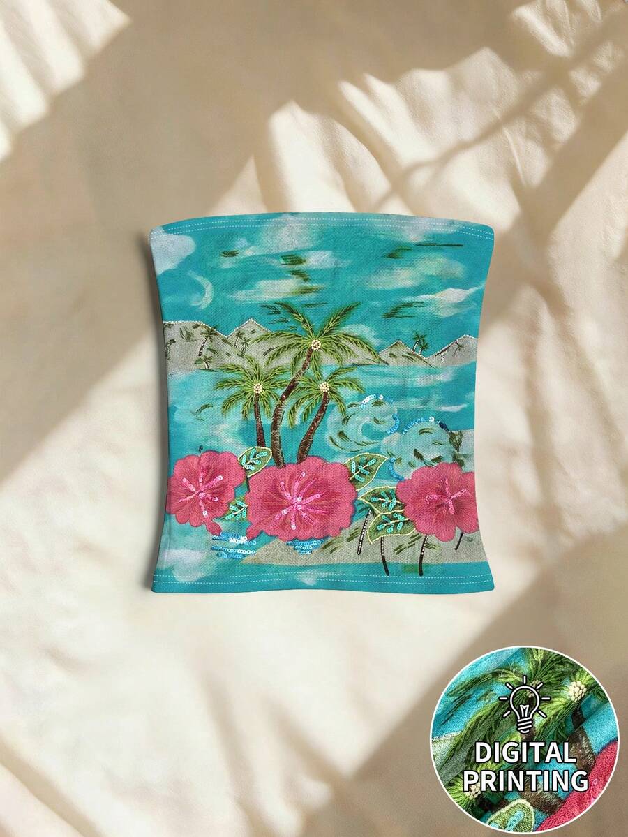INAWLY 热带棕榈树和芙蓉花印花抹胸上衣,夏季亮片刺绣度假露脐抹胸上衣,适合海滩度假 - 彩色 - 查看 1