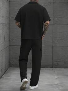 SLATEMANN 男士素色單排扣短袖襯衫與口袋長褲套裝，時尚款 - 黑色 - 查看 2