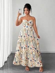 Elenzga Plus Size Women's Elegant Light Color Pleated Bustier Dress With Twisted Chest Design, Elegant Vacation & Home Wear, Slimming Long Dress For Work, Prom, Date, Party, Wedding Season, Outings - Apricot - View 4