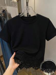 女童珠飾蝴蝶結刺繡圓領短袖休閒標準尺寸T恤 - 黑色 - 查看 3