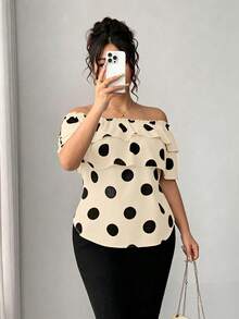 Elenzga Plus Size Women's Classic Polka Dot Print Layered Ruffle Off-Shoulder Blouse - Apricot - View 6