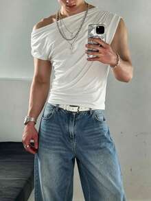 Manfinity Dauomo Men's Casual Solid Color Asymmetrical Collar T-Shirt - White - View 2