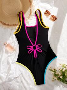 Swim SPRTY Summer Beach Vacation Women's Solid Color Contrast Trim One-Piece Surfing Suit - Multicolor - View 7