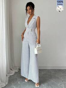 SHEIN Raffinéa Women's Notch Lapel Black & White Striped Elegant Jumpsuit - Black and White - View 1