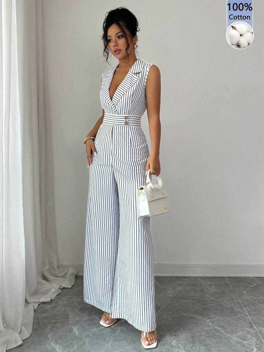 SHEIN Raffinéa Women's Notch Lapel Black & White Striped Elegant Jumpsuit - Black and White - View 1