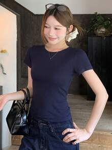 DAZY 蝴蝶結刺繡寬鬆短袖圓領女款T恤 - 藏蓝色 - 查看 6