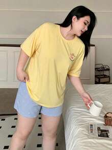 Dazy Plus Cartoon Print Loose Pajama Set, Includes Top And Pants, Spring/Summer/Autumn - Yellow - View 5
