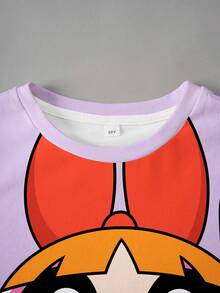 THE POWERPUFF GIRLS X SHEIN 青少年女孩卡通印花圓領短袖上衣與對比色短褲套裝 - 白色 - 查看 5