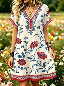 Selamara Bohemian Stil Digitaldruck V-Ausschnitt Kurzarm Top Platzierung Muster Damen Sommerurlaub Lässig Vintage V-Ausschnitt Kleid - Verschiedenfarbig - Übersicht 7