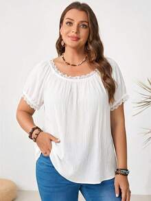 EMERY ROSE Blusa de talla grande para mujer con cuello en U y ribete de encaje - Blanco - Ver 1