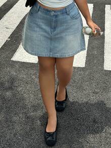 Dazy Plus Light Wash Distressed Denim Mini A-Line Skirt With Rhinestone Decor, Plus Size, Spring/Summer - Light Wash - View 8
