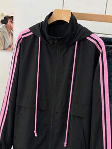 SHEIN EZwear 大尺碼女款側條紋長袖前拉鍊抽繩連帽夾克 - 黑色 - 查看 3