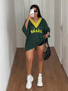 Maweii Plus Size Casual Sports Lace Patchwork Color Block Letter Print T-Shirt - Multicolor - View 4