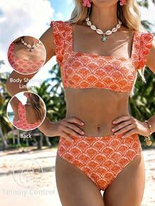 Sylviya Women's Summer Camisole Tank Top And High-Waisted Bikini Bottoms, Print Two Pieces Set For Beach Vacation Beige Tropical Boho - Orange - View 7