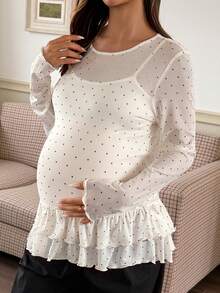 DAZY Small Round Neck Fashion Polka Dot Patchwork Frill Trim Long Sleeve Base Layer Maternity T-Shirt For Spring And Summer - White - View 4