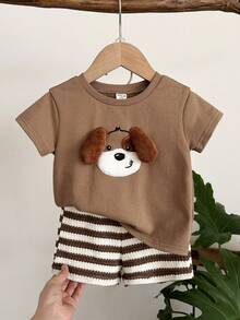 LMoss Kids Baby Boy Knit Solid Color Cute Puppy Pattern T-Shirt And Striped Shorts 2-Piece Set - Brown - View 9