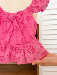 SHEIN LMoss Kids 少女刺繡蝴蝶結背心上衣，百搭夏季度假穿搭 - 玫紅色 - 查看 5
