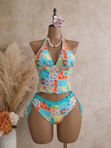 Swim Mod 夏季海灘女款兩件式黑白波點印花百褶荷葉邊上衣搭配雙側抽繩比基尼泳褲泳衣套裝 - 彩色 - 查看 3