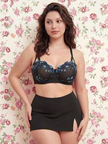 Elorette 1pc Plus Size Mesh Embroidered Underwire Bra Floral Bra Balconette Bra Plus Size Bra Plus Size Push Up Bra Embroidered Bra, Lift - Multicolor - View 11