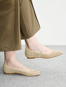 CUCCOO BIZCHIC 女士白色編織芭蕾平底鞋，夏季日常透氣休閒單鞋 - 杏色 - 查看 3