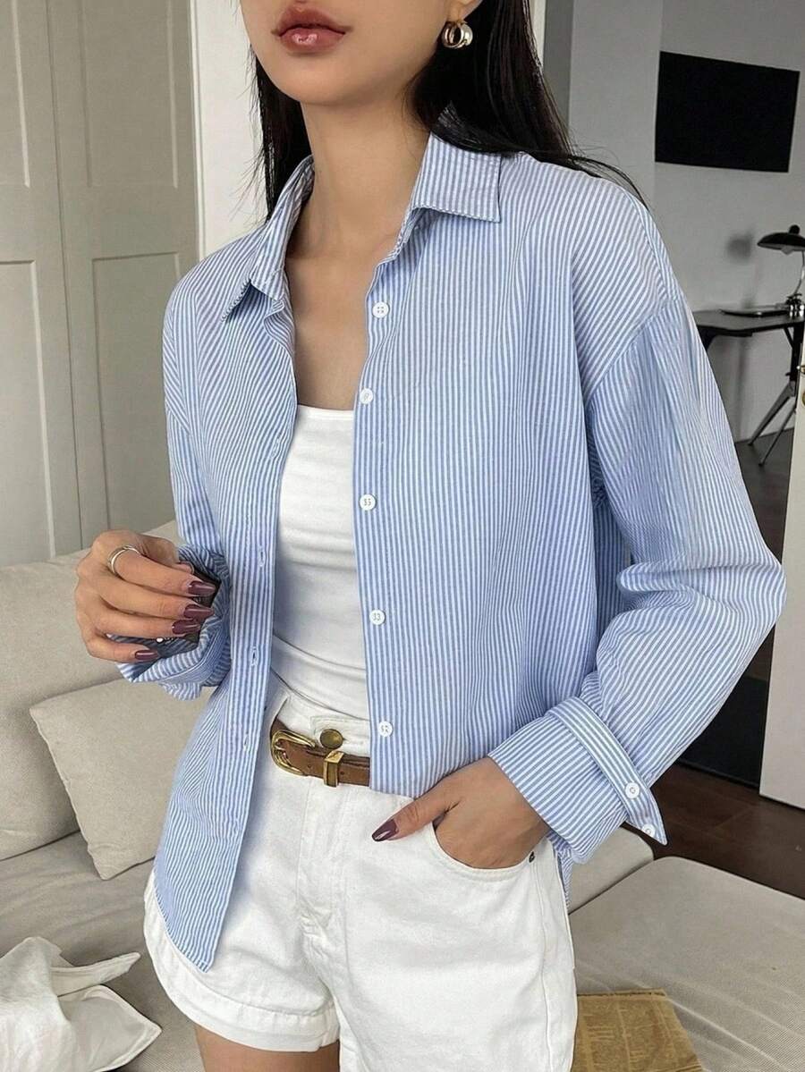 DAZY 春夏秋女款寬鬆休閒落肩長袖鈕扣領藍白細條紋布料襯衫 - 藍色 - 查看 1