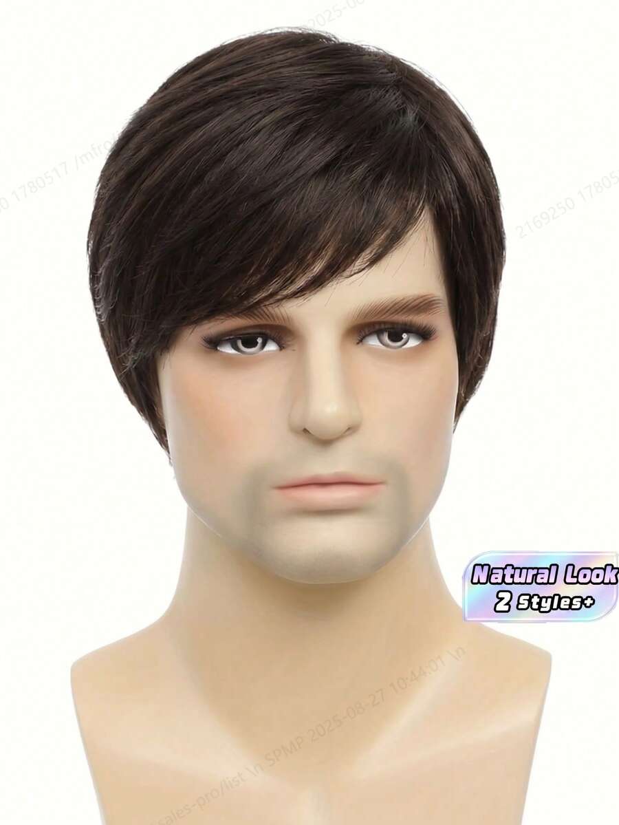 1pc6inch European & American Style Men's Fashion Short Brown Side-Parted Straight Synthetic Hair Wig - Multicolor - View 1
