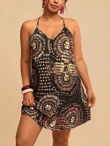 Travachic Plus Size Women's Floral Print Casual Halter Neck Vacation Dress - Black - View 1