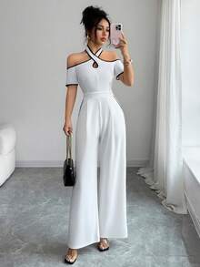 Balvessa Women's Summer Versatile Contrast Color Trim Open Shoulder Jumpsuit - White - View 3