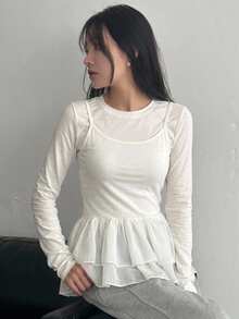 DAZY 2pcs Women's Solid Color Long Sleeve Base Layer T-Shirt & Chiffon Cami Top Set, White, Spring/Summer Lounge Sets For Women - White - View 9