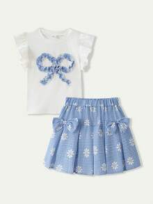 Casuvi Kids 2件/套 女童春夏季白色針織圓領荷葉袖T恤，配藍色蝴蝶結前裝飾 & 藍色梭織素色半彈性腰裙配2個蝴蝶結，適合日常穿著、旅行、度假、派對 - 藍白色 - 查看 8