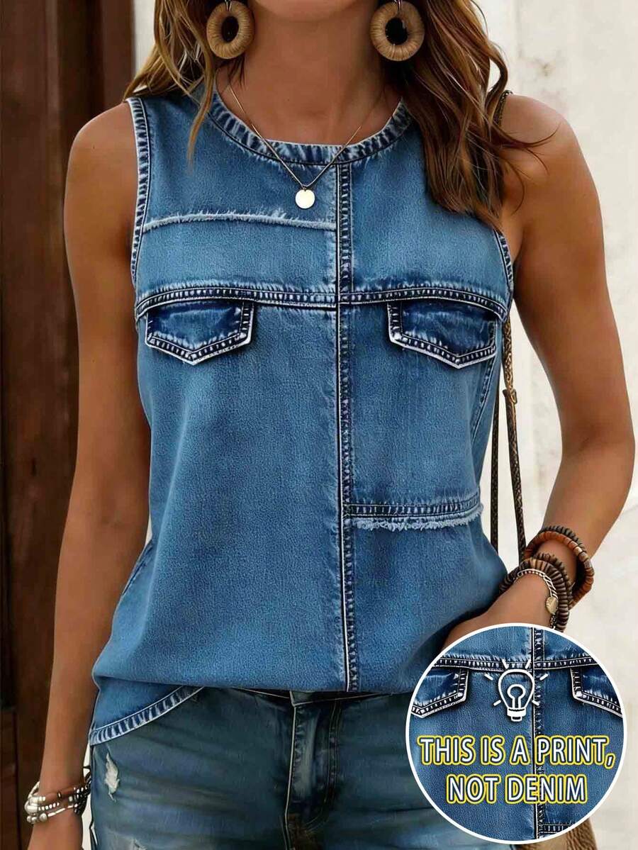 EMERY ROSE Blusa feminina plus size vintage com estampa patchwork e efeito jeans, gola redonda, confortável e casual, ideal para o dia a dia no verão. - Multicolorido - Ver 1