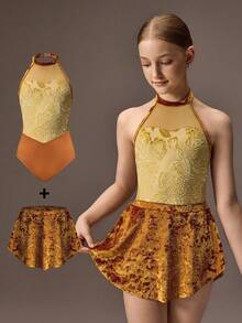 SHEIN Tween Girls Brown And Gold Velvet Mesh Snug Fit Jumpsuit Two Pieces Set,Autumn Tween Girl Dancewear For Ballet Gymnastics Sports Dance Dress Sportswear - Yellow - View 1