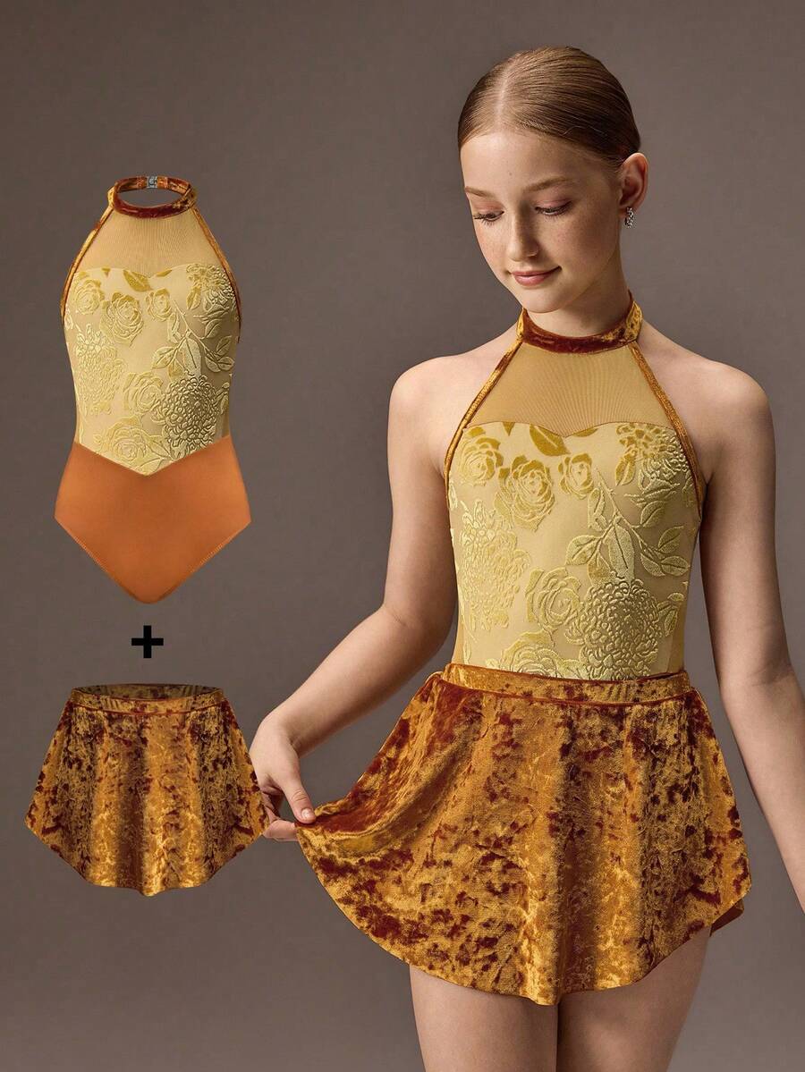 SHEIN Tween Girls Brown And Gold Velvet Mesh Snug Fit Jumpsuit Two Pieces Set,Autumn Tween Girl Dancewear For Ballet Gymnastics Sports Dance Dress Sportswear - Yellow - View 1