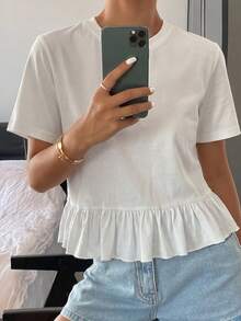 DAZY 女士纯色圆领短袖拼接蕾丝边休闲夏季上衣 - 白色 - 查看 5