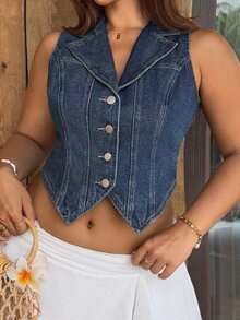 Dazy Plus Plus Size Denim Washed Cropped Sleeveless Vest Top Blogger Style For Spring Summer Holiday Navy Blue - Medium Wash - View 8