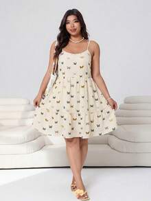 Solflare Plus Size Women's Butterfly Pattern Backless High Waist Ruffle Strap Dress - Multicolor - View 4