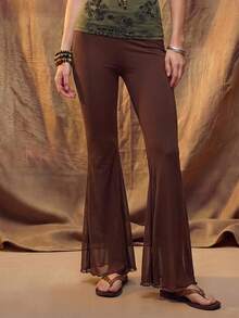 Fembélia Women's Solid Color Pleated Casual Boho Versatile Daily Travel Flare Long Pants Vacation Dark Brown Autumn - Brown - View 3