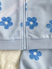 SHEIN Playful Pals 女嬰長袖圓領荷葉邊飾簡約休閒印花外套與長褲套裝 - 藍色 - 查看 3