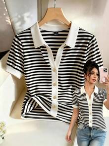 Rafferiza Summer New Fashion Elegant Mature Style Black & White Striped V-Neck Short Sleeve Knit Cardigan Women's Polo Shirt, Turn-Down Collar Petite Thin Fitted Short Sleeve Top Base Layer Slimming - Black and White - View 1